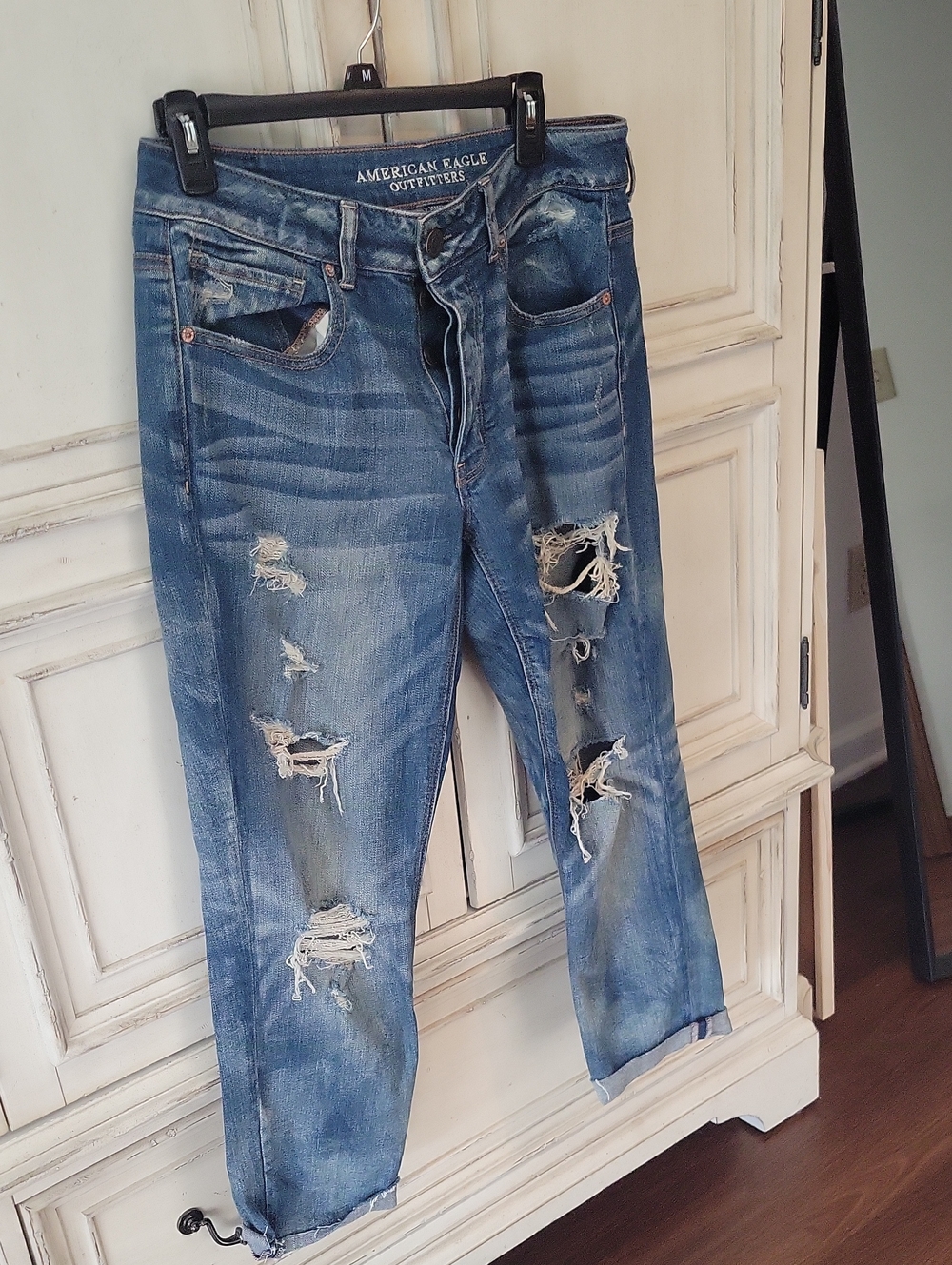 American Eagle Outfitters Distressed Medium Blue Ripped Boyfriend Jeans